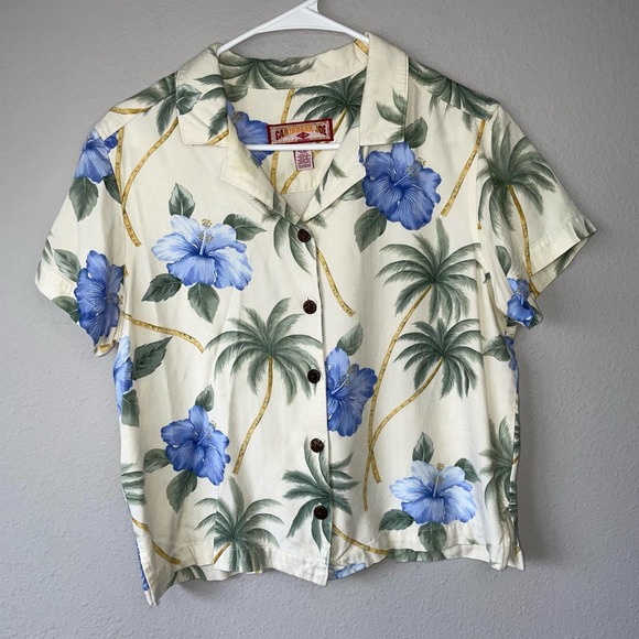 Caribbean Joe Tops - Caribbean Joe | cream floral palm tree Hawaiian short sleeve sz PM